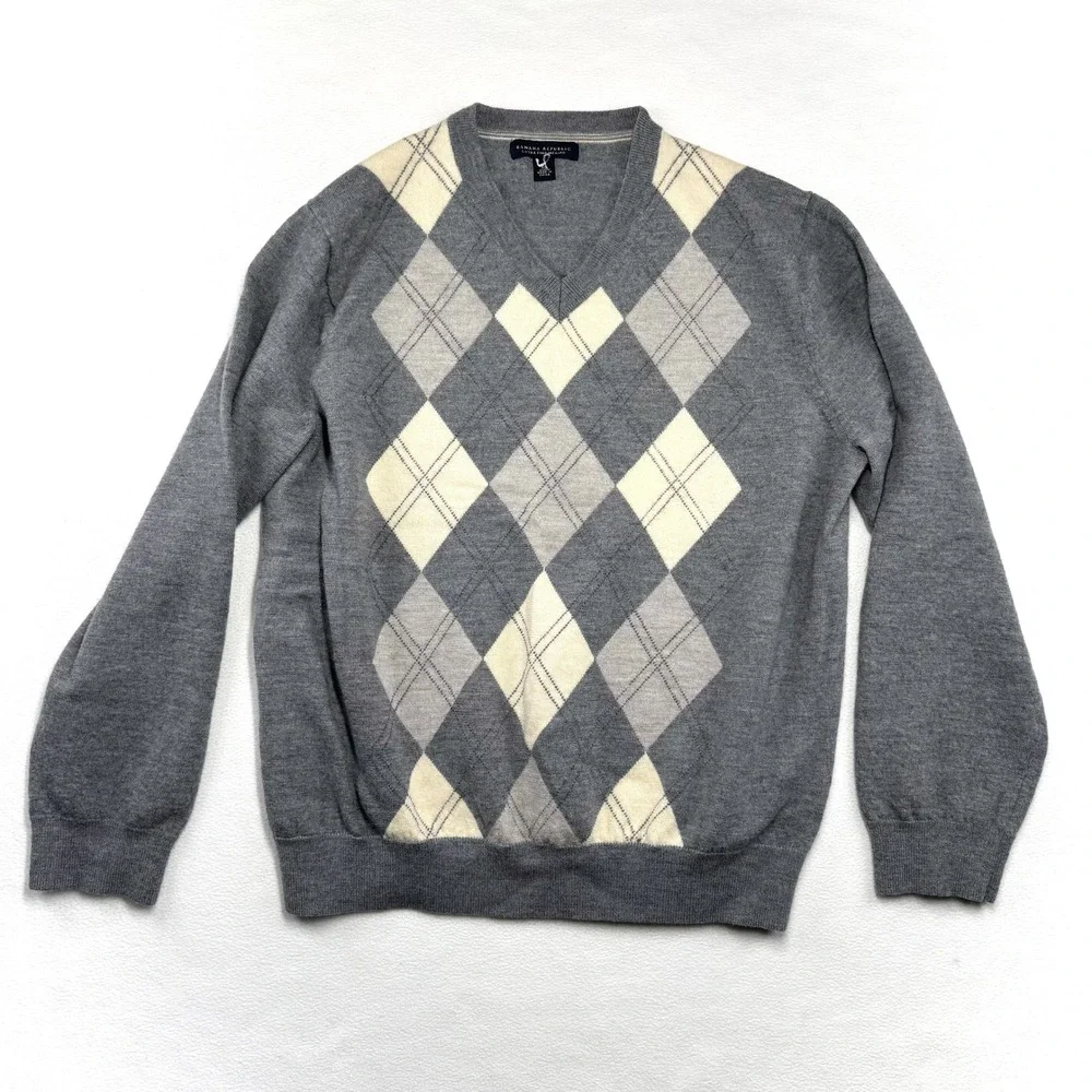 Banana Republic Mens XL Extra Fine Merino Wool V-Neck Argyle Sweater Grey Cream‎